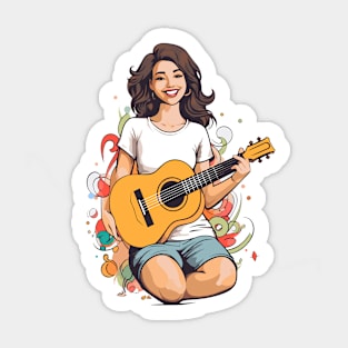 happy girl playing a guitar v1 Sticker